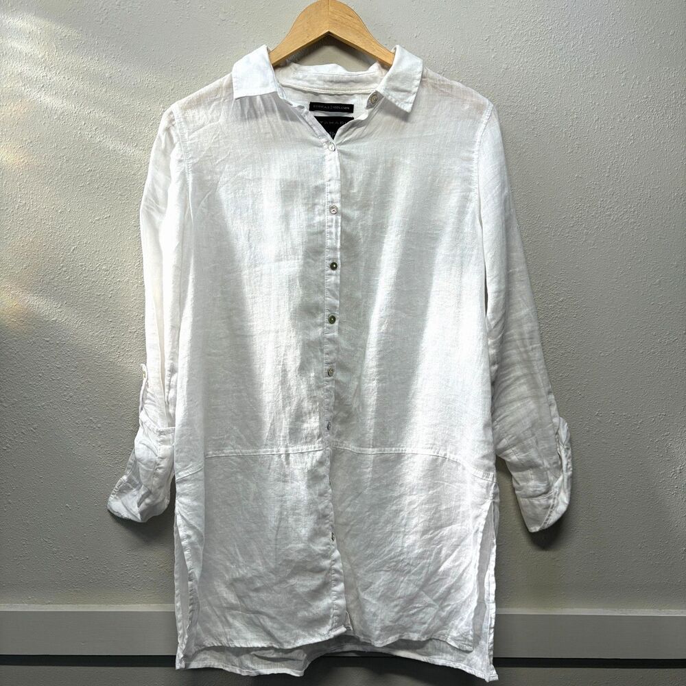 Tahari Womens Sz S 100% Linen Shirt Tunic Top White Roll Tab Sleeve